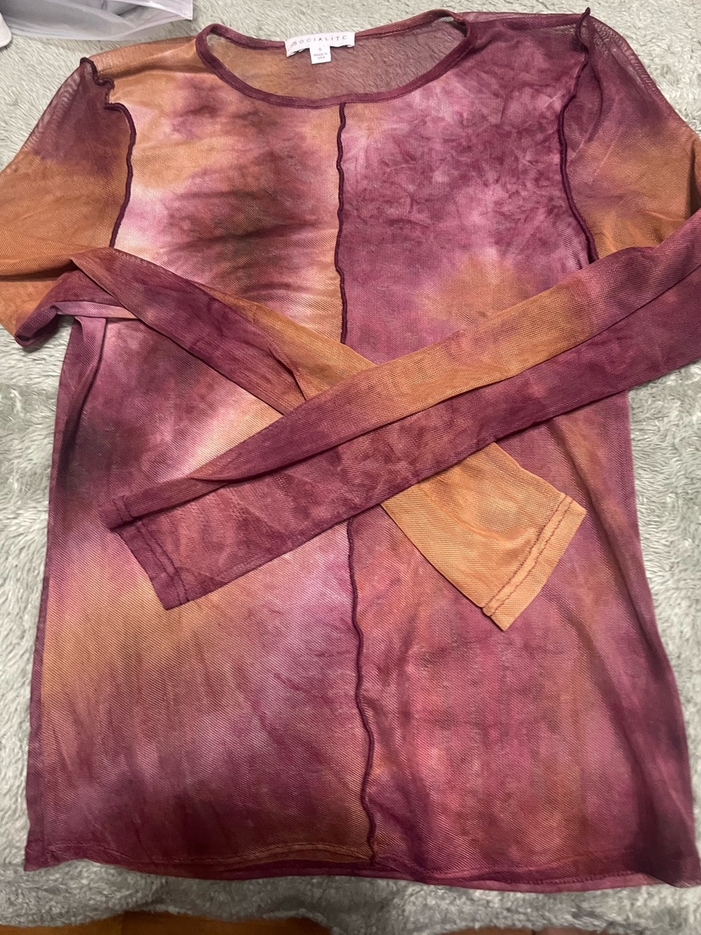 Sanctuary Sheer Long Sleeve Tie-Dye Top in Maroon and Orange